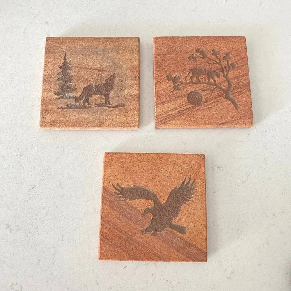 3 Southwest Sandstone Coasters Wolf Roadrunner Eagle Partridge‎ Drawing